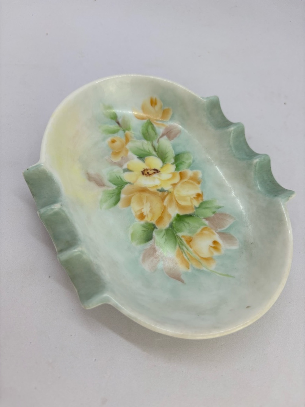 Hand-Painted Floral Ceramic Dishin Soft Mint and Yellow